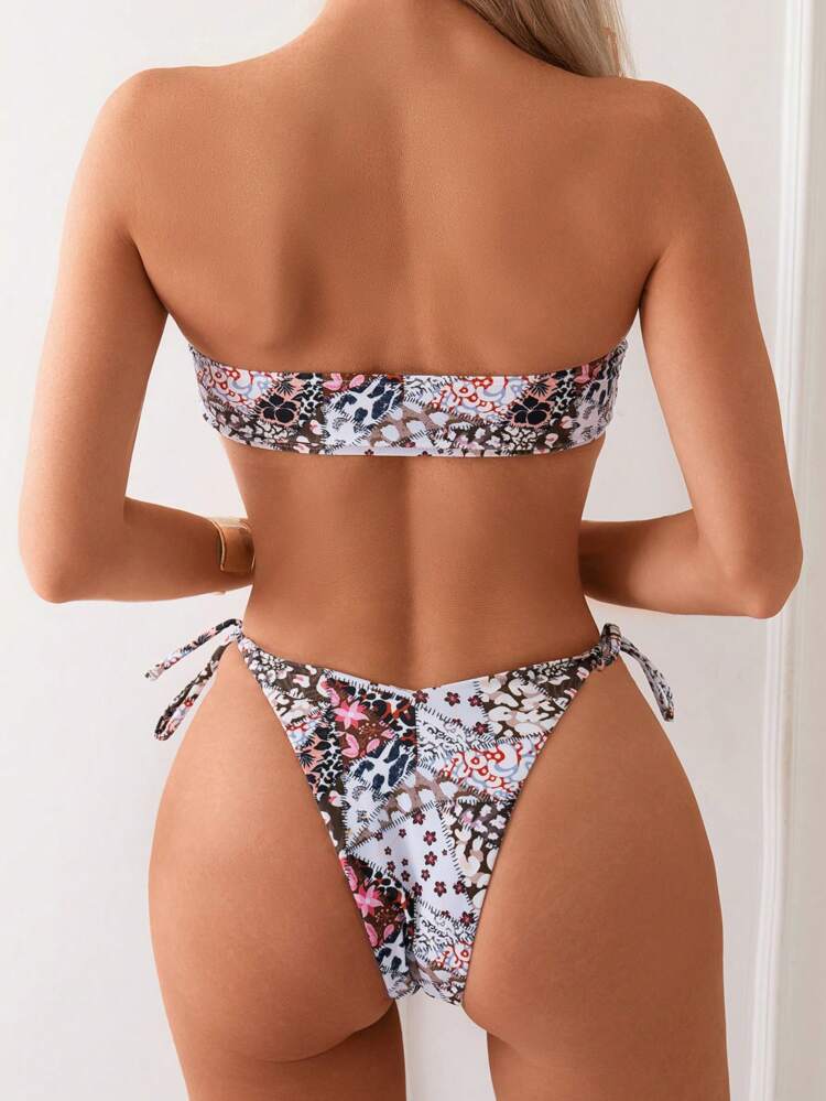 Women Ditsy Floral Hollow Out Bandeau Bikini Set For Vacation, Wireless,Summer Beach