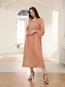 Elegant Arabic Dress With Heavy Gold Embroidery, JALABIA Round Neck With Patchwork Ruffle Mid-Sleeves, Traditional Design, Spring/Summer 2025, RAMADAN, Eid Al Adha - Brown - View 7