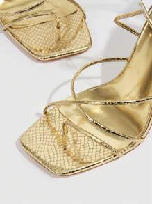 CUCCOO SZL Woman Shoes Metallic Snakeskin Embossed Stiletto Heeled Gold Strappy Sandals For Summer Graduation Heels Prom Heels Vacation Shoes Back To School Shoes College Student Shoes Party Baddie Chic Gorgeous Style Halloween Christmas Disco Party Night Out Fall - Gold - View 4