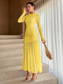 Aloruh Women's Round Neck Pleated Ruffle Hem Long Sleeve Dress For Summer - Yellow - View 5