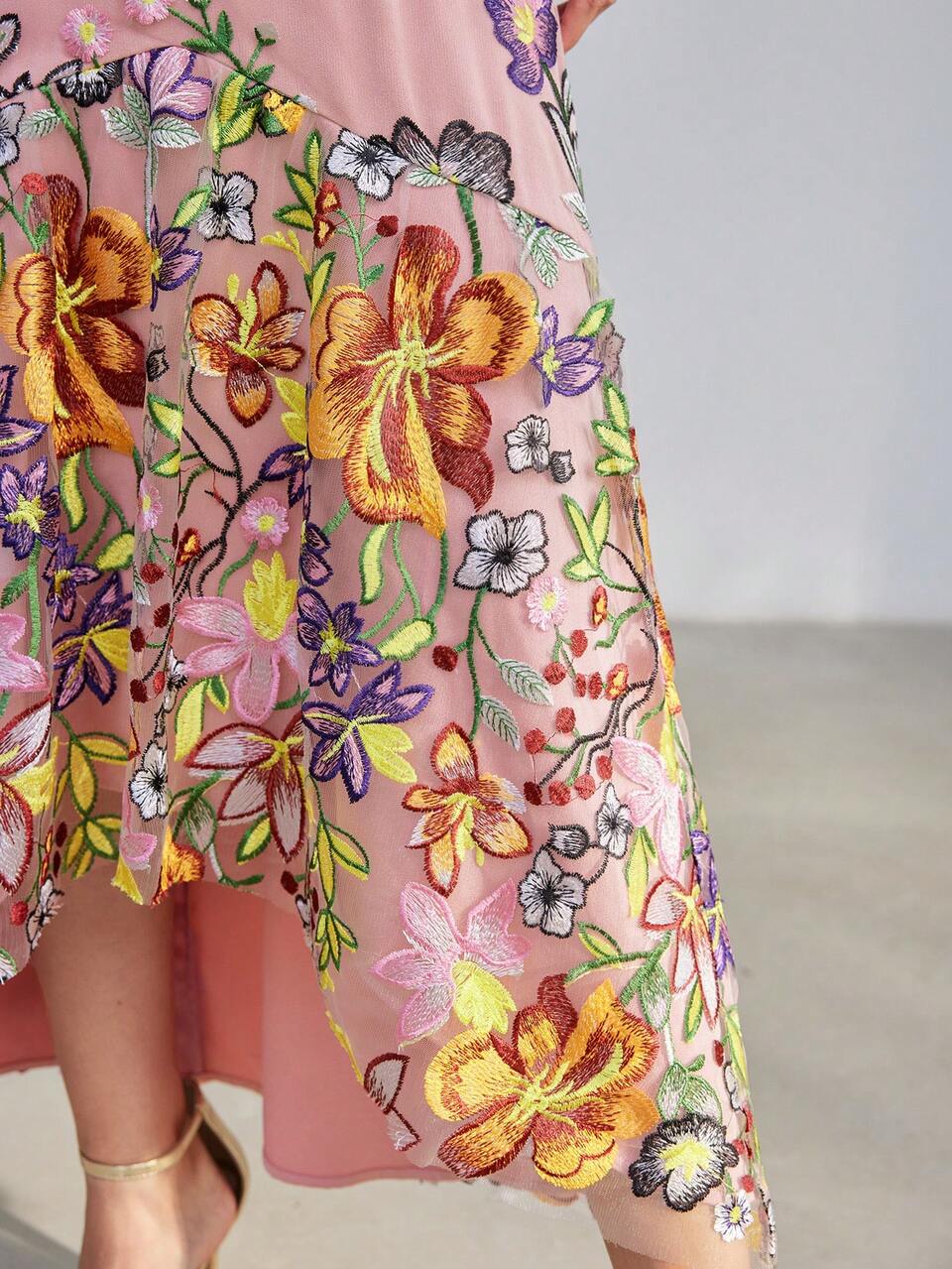 SURPLICE NECK EMBROIDERY FLORAL MESH MERMAID HEM DRESS