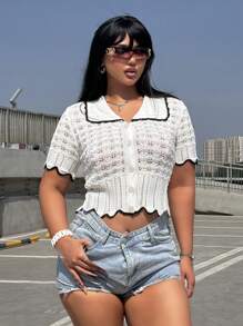 Flirla Fashionable High-End Design Hollow-Out Knit Top With Polo Collar - White - View 5