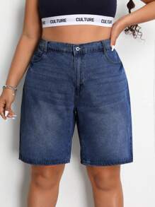 SHEIN EZwear Plus Size Women's Solid Color Simple Style Casual Denim Shorts - Dark Wash - View 1