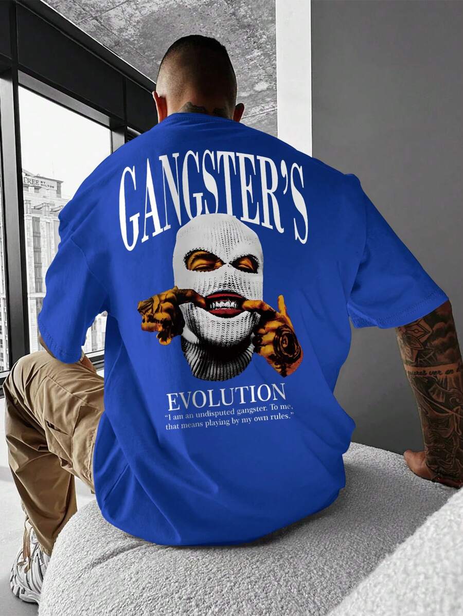 Manfinity Dauomo 男士夏季印花圓領短袖休閒T恤，標語口罩 - 寶藍色 - 查看 1