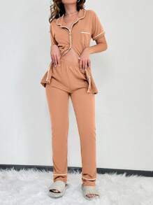 RueChic Conjunto De Pijama Para Mujer De Dos Tonos Con Mangas Cortas - Rosa - Ver 5