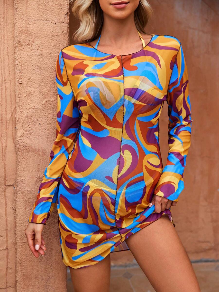 SHEIN Maternity Random Printed Long Sleeve Swimwear Set Summer - Multicolor - View 1