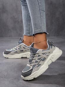 女士拼色系帶休閒運動鞋，字母拼布裝飾戶外運動鞋 - 彩色 - 查看 3