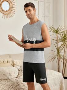 Round Neck Sleeveless Color-Block Letter Printed Top And Shorts Men's Pajama Set - Black - View 3