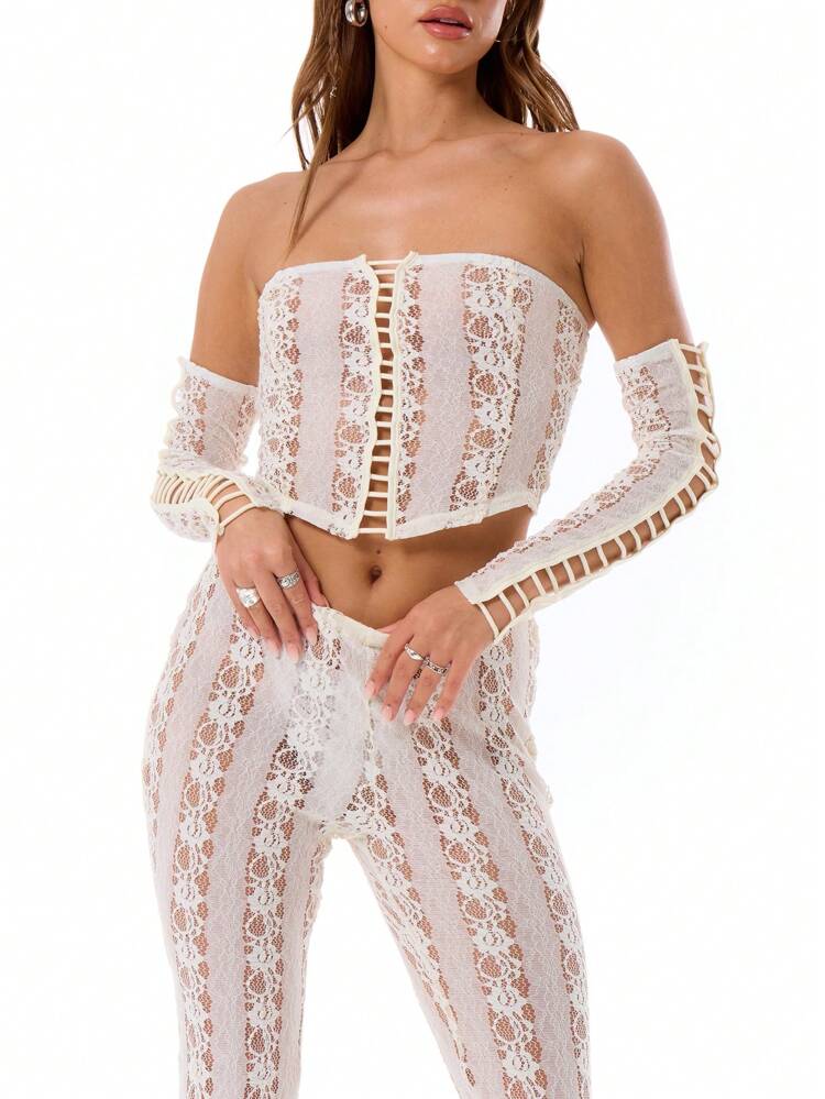 Sheer Lace Flared Trouser Summer Cut Out Pants Boho Cute Vacation Elegant Casual