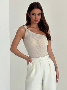 Aloruh 透氣質感紋織布料，金屬鈕釦裝飾，優雅單肩上衣 - 杏色 - 查看 1