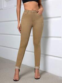 SHEIN EZwear SpringHigh Waist Ripped Skinny Jeans - Coffee Brown - View 2