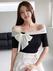 DAZY 1pc Women's Off Shoulder Contrast Color Bow Decor Fitted Short Sleeve T-Shirt Cute Tops,Crop Tops Women