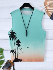 ResortEase Men's Plus Size Coconut Tree Beach Printed Casual Vacation Colorful Sleeveless Tank Top, For Summer