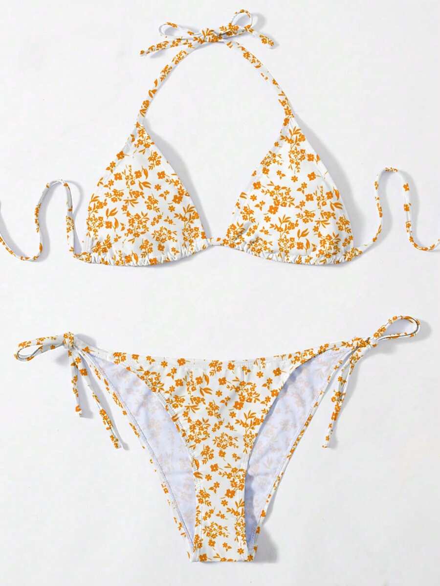 SHEIN Swim 女士度假碎花吊带性感比基尼套装，比基尼套装分开。印花图案随机。，夏日海滩 - 彩色 - 查看 1