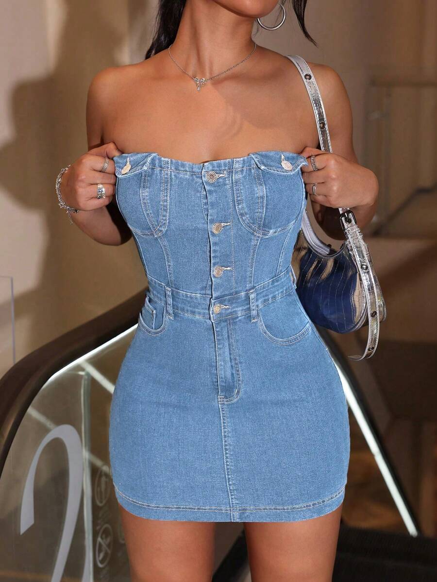 SHEIN ICON Summer Stretchy Bodycon Mini Denim Dress With Strapless Neckline - Medium Wash - View 1