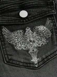 ROMWE Grunge Punk 复古图案刺绣修身喇叭低腰牛仔裤，朋克摇滚时尚风格，学院风 - 黑色 - 查看 4