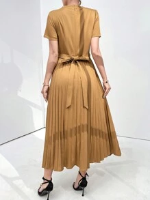 Modelyn Đầm cổ đứng tay ngắn màu trơn thời trang cho nữ - Màu Khaki - Xem 2