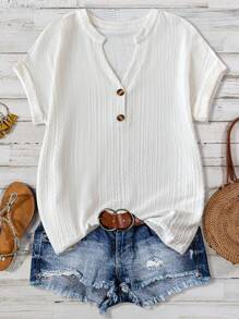 SHEIN LUNE Plus Size Women's Summer Solid Color Short Sleeve Casual T-Shirt With Notched V-Neck - White - View 1