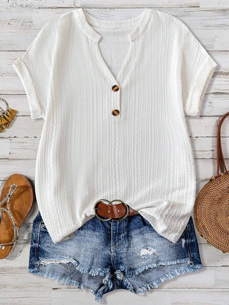SHEIN LUNE Plus Size Women's Summer Solid Color Short Sleeve Casual T-Shirt With Notched V-Neck - White - View 1
