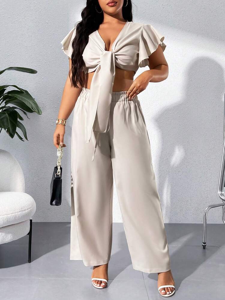Loose Fit Plus Size Ruffled Sleeve Top With Wide Leg Pants And Sash, 2pcs
