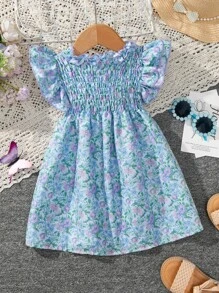 Baby Girl Elegant Gorgeous Vintage Flower Pattern Printed Batwing Sleeve Dress, Perfect For Spring And Summer - Blue - View 2