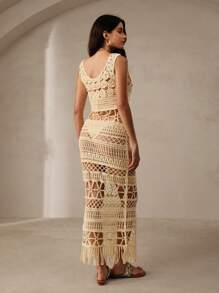 Anewsta 純色針織3D中空無袖長袍連流蘇，夏季必備 - 杏色 - 查看 3