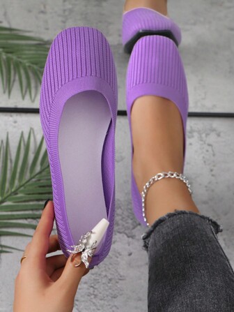 Fall/Winter Women's Knitted Flat Shoes, Solid Color Breathable Striped Knitted Flats, Elegant Square Toe Oxfords, Slip-On Lightweight Shoes. Colors: Pink, Gray, Apricot, Purple, Beige