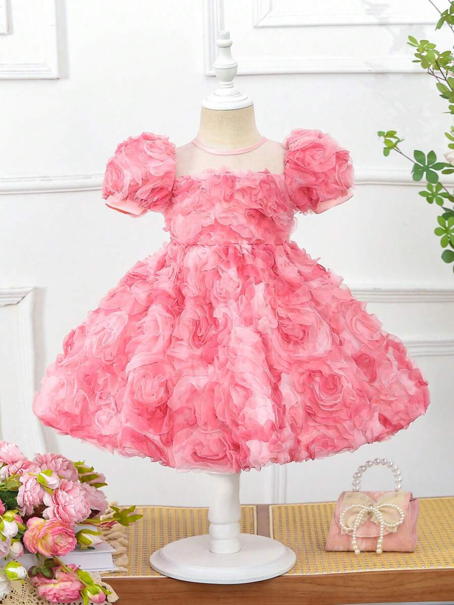 SHEIN Glamorique Kids Váy dự tiệc tay phồng họa tiết hoa đính hoa dễ thương cho bé gái - Hồng - Xem 1