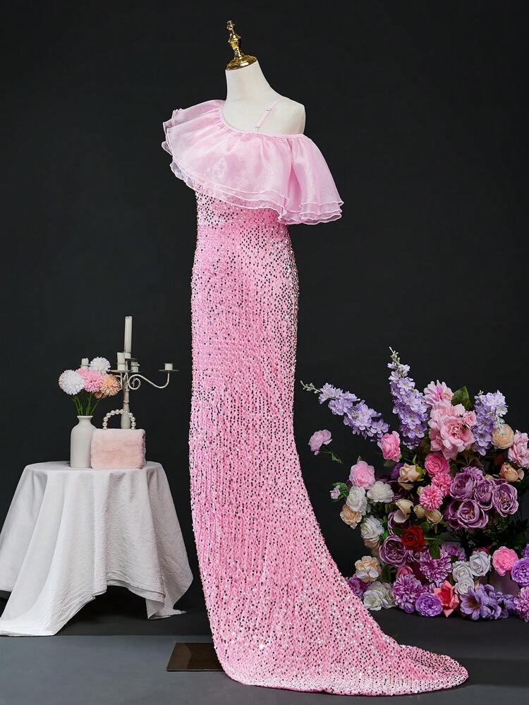 Teen Girl Exaggerated Layered Ruffle Slit Thigh Sequin Formal Evening Dresses With Train For Wedding Birthday Party
