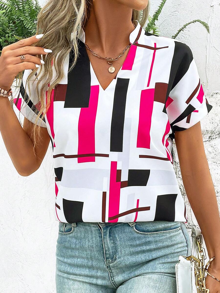 SHEIN LUNE Women V-Neck Short Sleeve Wide Batwing Sleeve Printed Blouse - Hot Pink - View 1