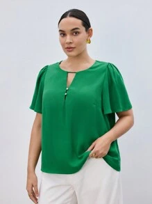 BizChic Áo sơ mi xanh lá cây thường ngày dáng rộng, cổ khoét sâu, tay bèo nhún cỡ lớn dành cho nữ mùa hè - màu xanh lá - Xem 3