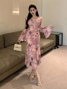 DAZY 女士夏季优雅雪纺蝴蝶印花扭曲 V 领喇叭袖美人鱼礼服舞会礼服 - 粉色 - 查看 2