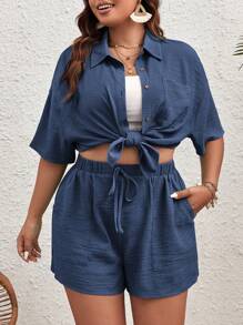 SHEIN VCAY Kích thước lớn Của phụ nữ màu trơn Ngắn tay Áo sơ mi Và Bộ quần short - Màu xanh hải quân - Xem 3