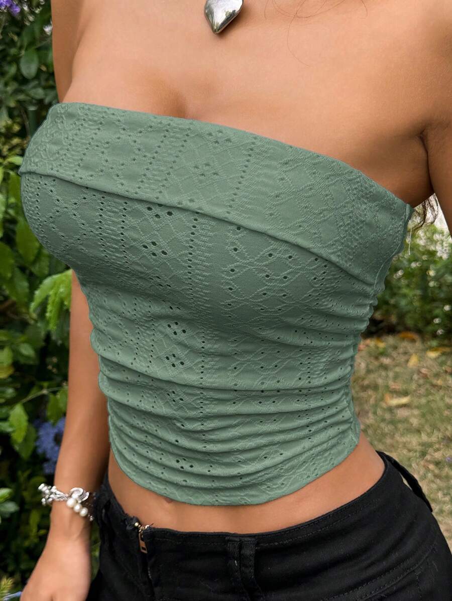 SHEIN EZwear 夏日出行織眼紋白色緊身無肩帶背心上衣 - 橄欖綠 - 查看 1