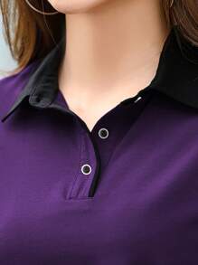 INAWLY Women's Summer Color Block Loose Polo Collar Short Sleeve Casual T-Shirt - Purple - View 3