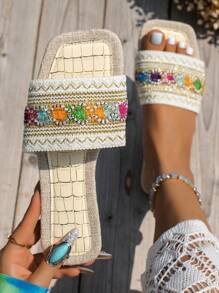Sandales plates Beige pour femmes avec broderie colorée, style bohémien, chaussures de plage pour fête, parfaites pour les vacances - Multicolore - Voir 1