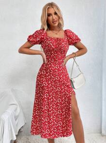 Chiquease Vestido casual de verano con mangas abullonadas con estampado floral delicado y dobladillo dividido