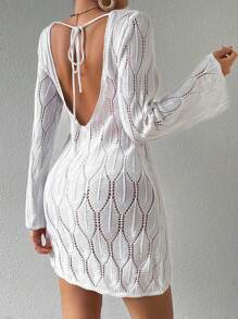 SHEIN Swim Hollow Knitted Beach Cover-Up Dress With Drawstring Back And Flare Sleeves, Solid Color, Vacation Style,Summer Beach