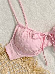 Swim Mod 2025 Floral Jacquard Front-Tie Sexy Spaghetti Strap Bikini Top For Women, Beach Holiday Top Pink Summer