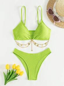 SHEIN Swim Women's Vacation Round Ring Link Sexy Bikini Set Summer - Green - View 6