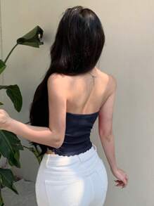 DAZY Ladies' Solid Color Casual Lace Splice Summer Tube Top,Crop Tops Women - Navy Blue - View 4