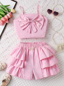 SHEIN Explorewe 少女夏季可愛的2件套裝，打結飾邊背心和褶邊拼接短褲 - 粉色 - 查看 1