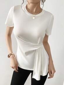 Mulvari T-shirt décontracté pour femme d'été col rond à manches courtes avec lien à la taille couleur unie - Blanc - Voir 3