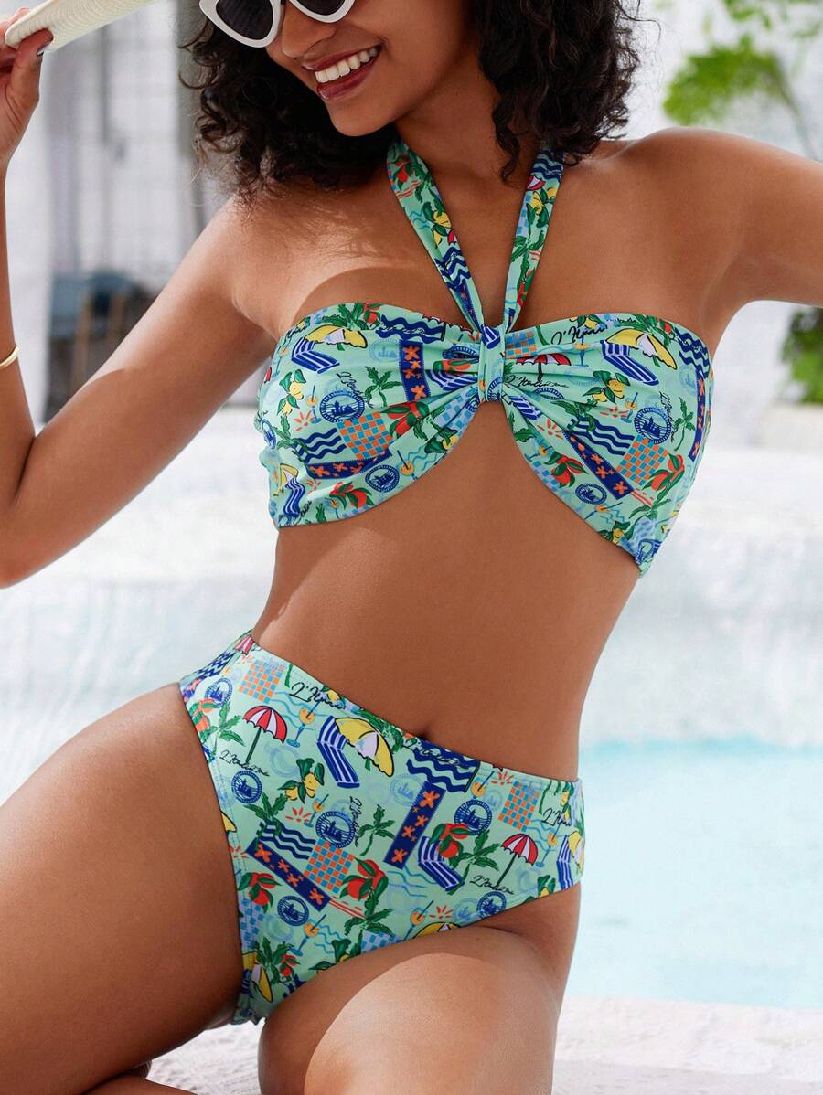 SHEIN Swim Kỳ nghỉ dành cho nữ Bộ bikini in hình cây cọ đeo chéo dây buộc cổ gợi cảm - Nhiều màu - Xem 1