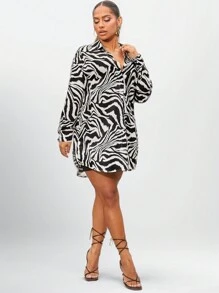 SHEIN SXY Women's Spring/Summer Loose Fit Casual Shirt With Zebra Print Long Sleeves