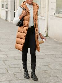RueChic Drawstring Hooded Puffer Vest Coat - Camel - View 4
