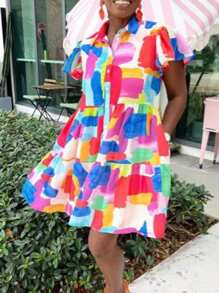 Slaydiva 新款假日時尚短袖印花迷你連衣裙 - Z - 彩色 - 查看 2