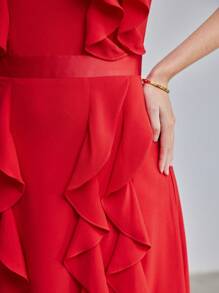 MOTF PREMIUM SOLID RUFFLE TRIM HALTER NECK DRESS