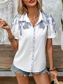 SHEIN LUNE Áo sơ mi ngắn tay in họa tiết màu xanh trắng cho nữ, một bên ngực - Nhiều màu - Xem 6