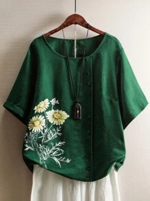 Plus Size Round Neck Floral Summer Casual Shirt